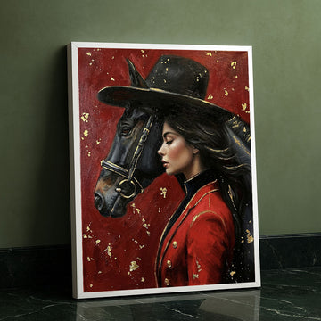 Majestic Woman In Red With Black Horse Canvas Wall Art