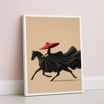 Dramatic Woman In Black Dress On Horse Canvas Wall Art