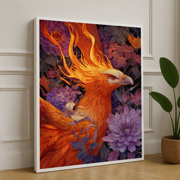 Fiery Phoenix Among Blossoms Fantasy Canvas Wall Art