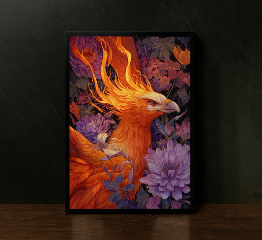 Fiery Phoenix Among Blossoms Fantasy Canvas Wall Art