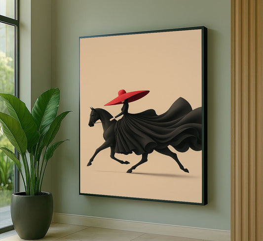 Dramatic Woman In Black Dress On Horse Canvas Wall Art