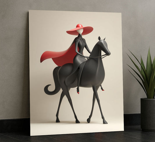 Elegant Woman On Black Horse With Red Hat Canvas Wall Art