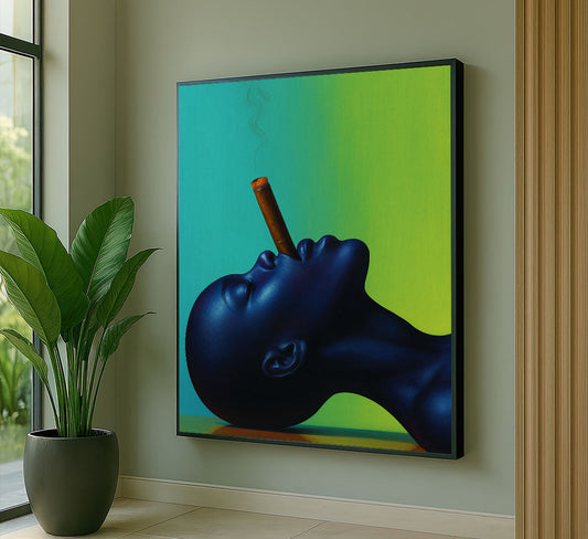 Bold Blue Woman With Cigar On Gradient Canvas Wall Art