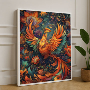 Vibrant Phoenix And Floral Fantasy Canvas Wall Art