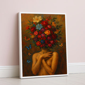 Enchanting Woman With Floral Head And Butterflies Canvas Wall Art