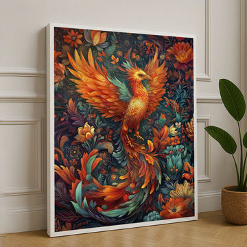 Vibrant Phoenix Amidst Floral Elegance Canvas Wall Art