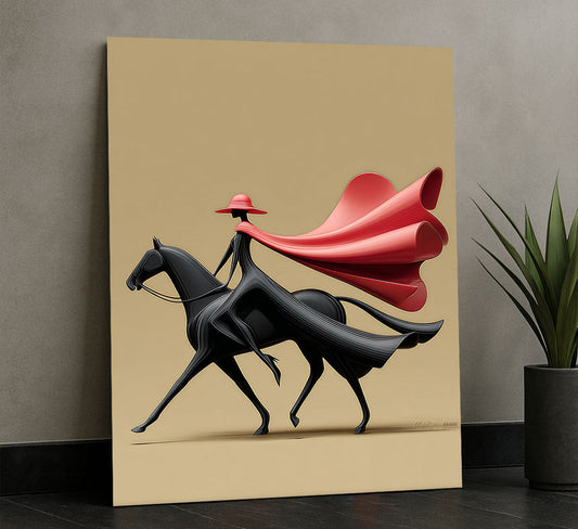 Striking Woman In Red Cape Riding Horse Canvas Wall Art