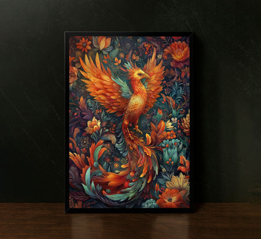 Vibrant Phoenix Amidst Floral Elegance Canvas Wall Art