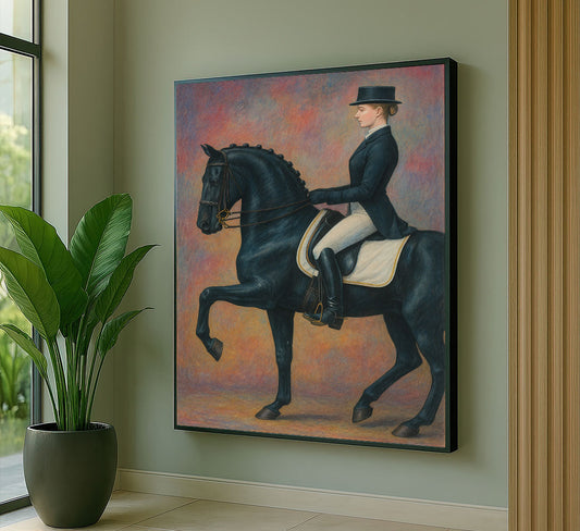 Elegant Equestrian Woman On Black Horse Canvas Wall Art