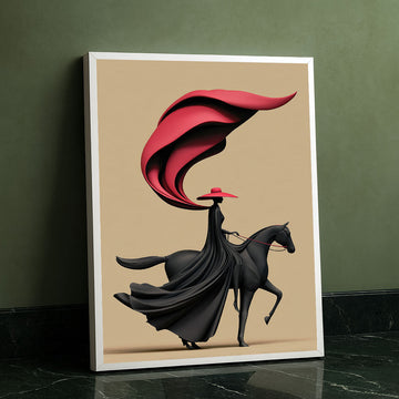 Dramatic Woman In Flowing Red Hat On Horse Canvas Wall Art