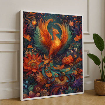 Vibrant Phoenix With Floral Accents Canvas Wall Art
