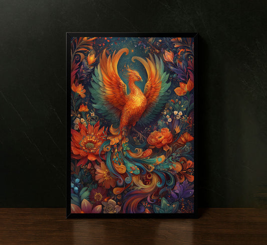 Vibrant Phoenix With Floral Accents Canvas Wall Art