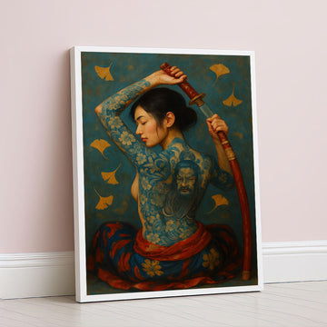 Captivating Tattooed Samurai Woman With Sword Canvas Wall Art