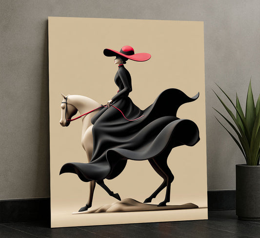 Elegant Woman In Red Hat On Horseback Canvas Wall Art