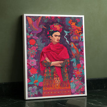 Vibrant Frida Kahlo Surrounded By Floral Patterns Canvas Wall Art