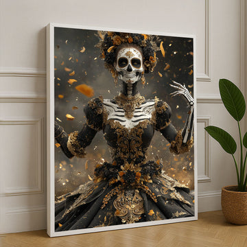 Ornate Skeleton Lady With Golden Accents Canvas Wall Art