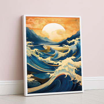 Dramatic Blue Ocean Waves And Sunset Canvas Wall Art