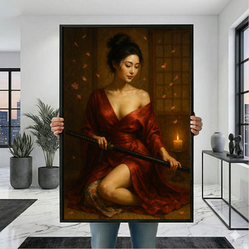Elegant Japanese Woman with Katana Canvas Wall Art Print | Red Bedroom Wall Decor | Statement Piece