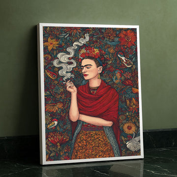 Dramatic Woman With Red Shawl And Floral Background Canvas Wall Art