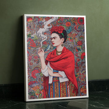 Vibrant Woman In Red With Floral Background Canvas Wall Art