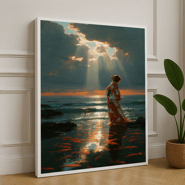 Serene Woman In Kimono At Sunset Canvas Wall Art