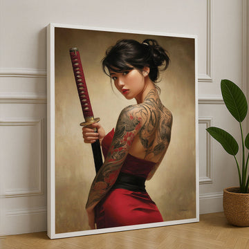 Elegant Samurai Woman With Dragon Tattoo Canvas Wall Art