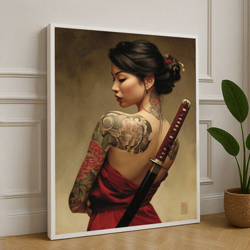 Elegant Samurai Woman With Dragon Tattoo Canvas Wall Art