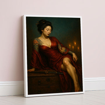 Enchanting Tattooed Woman In Red Kimono Canvas Wall Art