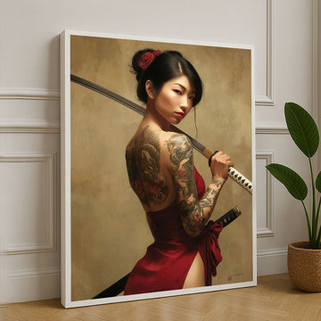 Elegant Samurai Woman With Dragon Tattoo Canvas Wall Art