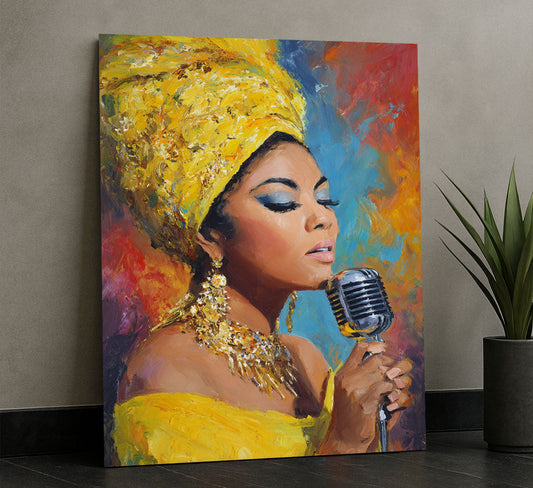 Vibrant African Woman Singing In Yellow Turban Canvas Wall Art