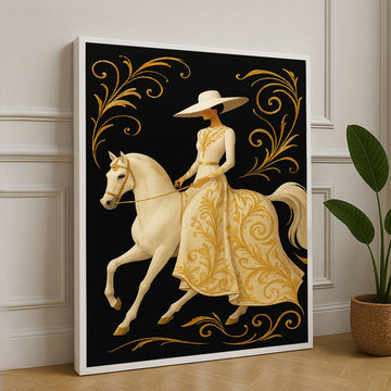 Elegant Lady On Horse With Ornate Gold Details Canvas Wall Art
