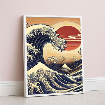 Dramatic Ocean Wave And Red Sun Canvas Wall Art