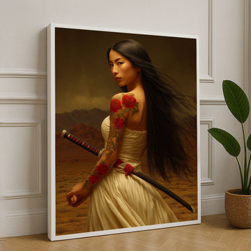 Elegant Samurai Woman With Rose Tattoos Canvas Wall Art
