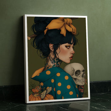 Enchanting Tattooed Woman With Skull Canvas Wall Art