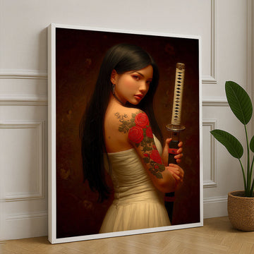 Elegant Samurai Woman With Floral Tattoo Canvas Wall Art
