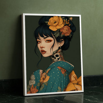 Captivating Tattooed Woman With Floral Hairpiece Canvas Wall Art