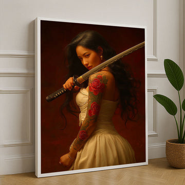 Elegant Samurai Woman With Floral Tattoo Canvas Wall Art