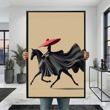 Enchanting Woman In Red Hat Riding Horse Canvas Wall Art