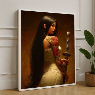 Elegant Samurai Woman With Floral Tattoo Canvas Wall Art