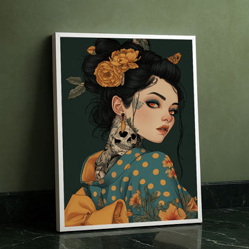Enchanting Tattooed Woman With Floral Adornments Canvas Wall Art