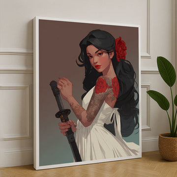 Elegant Samurai Woman With Red Roses Canvas Wall Art