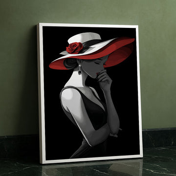 Elegant Woman In Red Hat Contemplative Pose Canvas Wall Art