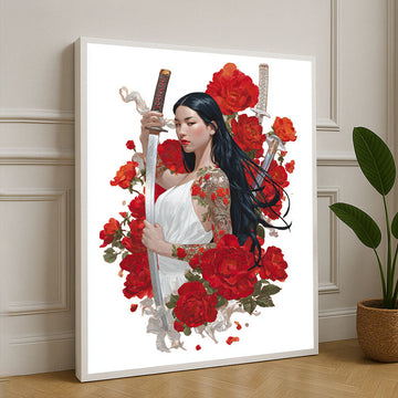 Elegant Samurai Woman With Roses Canvas Wall Art