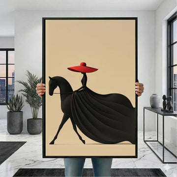 Elegant Woman In Red Hat Riding Black Horse Canvas Wall Art