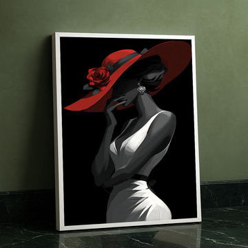 Elegant Woman In Red Hat And White Dress Canvas Wall Art