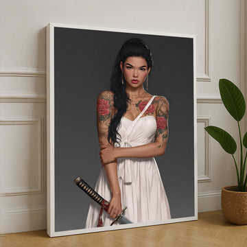 Elegant Samurai Woman With Floral Tattoos Canvas Wall Art