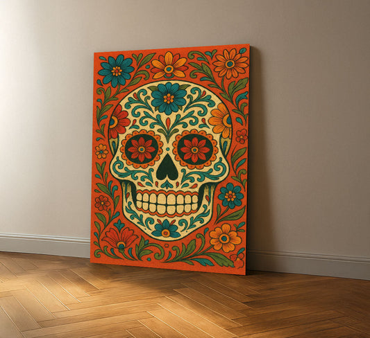 Vibrant Floral Sugar Skull Design Canvas Wall Art