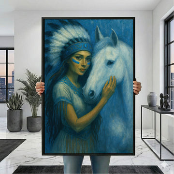 Enchanting Woman With White Horse In Blue Tones Canvas Wall Art