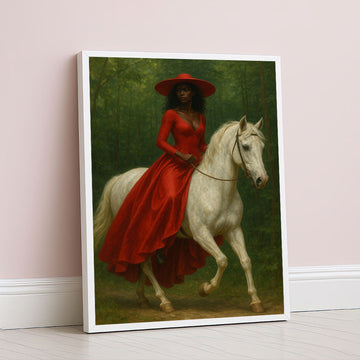 Majestic Woman In Red Dress On White Horse Canvas Wall Art