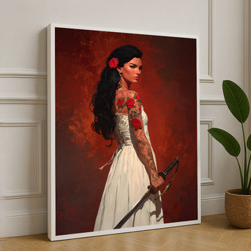 Elegant Samurai Woman With Roses Canvas Wall Art